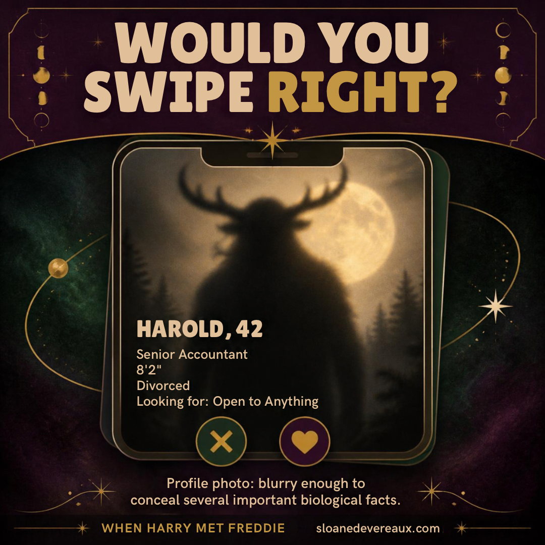 Would you swipe right? Dating profile for Harold, 42: Senior Accountant, 8 foot 2, divorced, looking for: open to anything. Profile photo: blurry enough to conceal several important biological facts. When Harry Met Freddie.