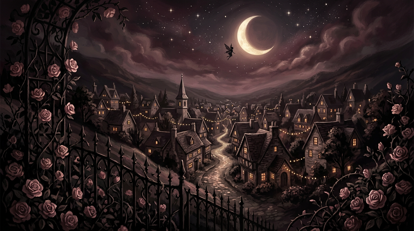 Illustrated main street of Tinsel Town at twilight, with glowing shop windows under a crescent moon